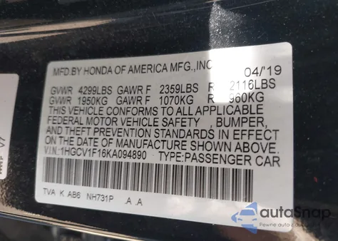 2019 Honda Accord Lx из США, поврежденный, VIN 1HGCV1F16KA094890